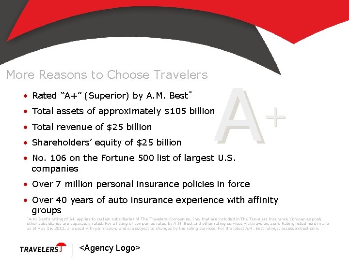 More Reasons to Choose Travelers • Rated “A+” (Superior) by A. M. Best* A