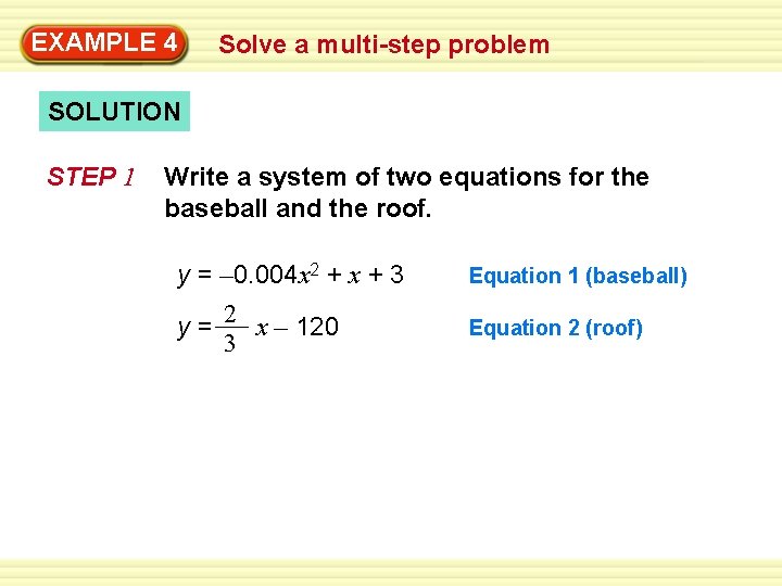 EXAMPLE Warm-Up 4 Exercises Solve a multi-step problem SOLUTION STEP 1 Write a system