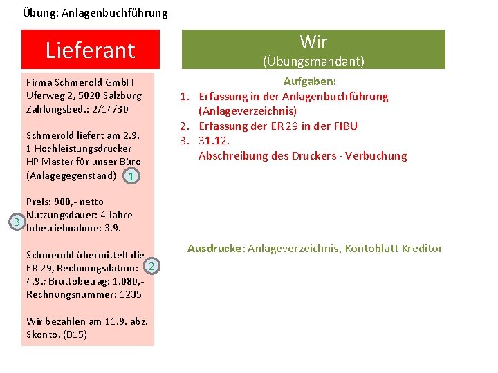 Übung: Anlagenbuchführung Lieferant Firma Schmerold Gmb. H Uferweg 2, 5020 Salzburg Zahlungsbed. : 2/14/30
