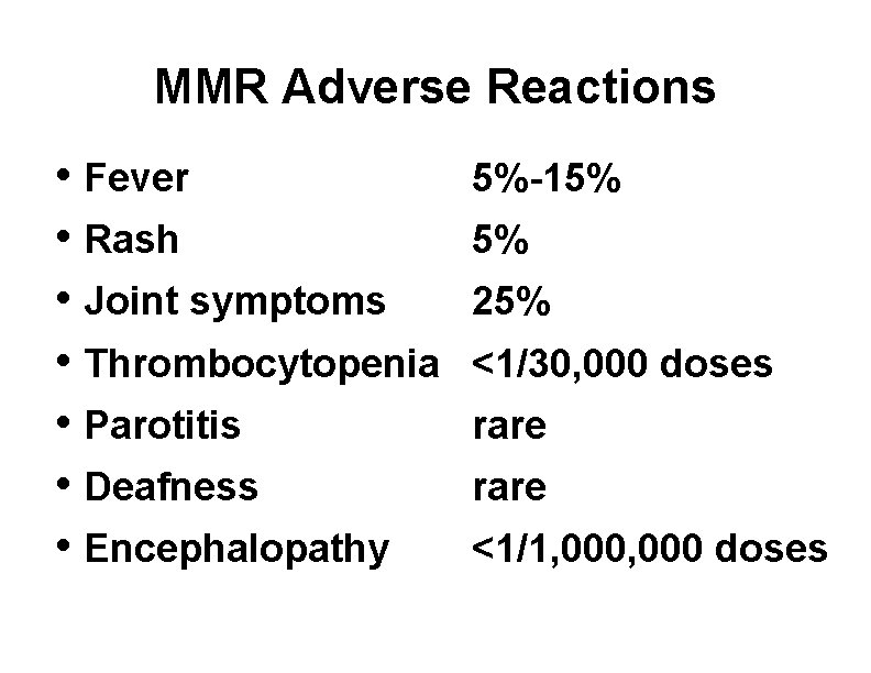 MMR Adverse Reactions • Fever • Rash • Joint symptoms • Thrombocytopenia • Parotitis