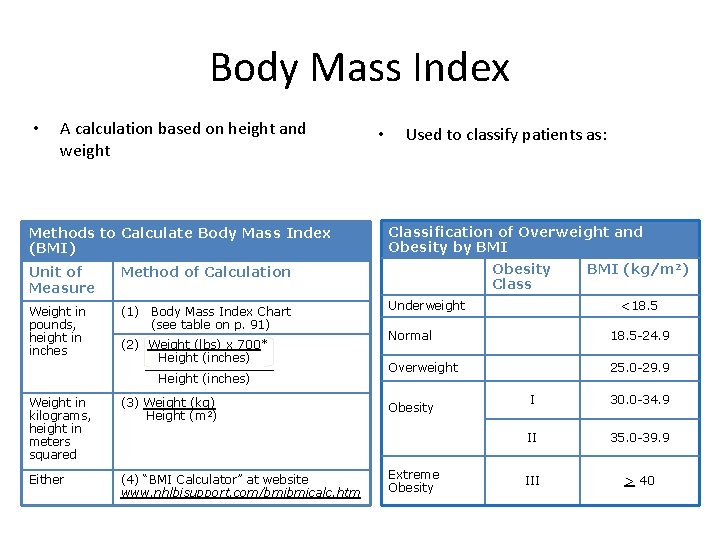 Body Mass Index • A calculation based on height and weight Methods to Calculate