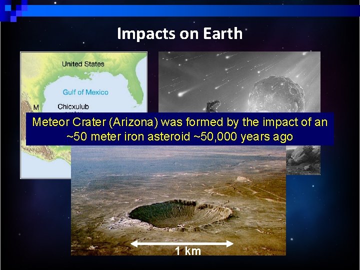 Impacts on Earth Meteor Crater (Arizona) was formed by the impact of an ~50