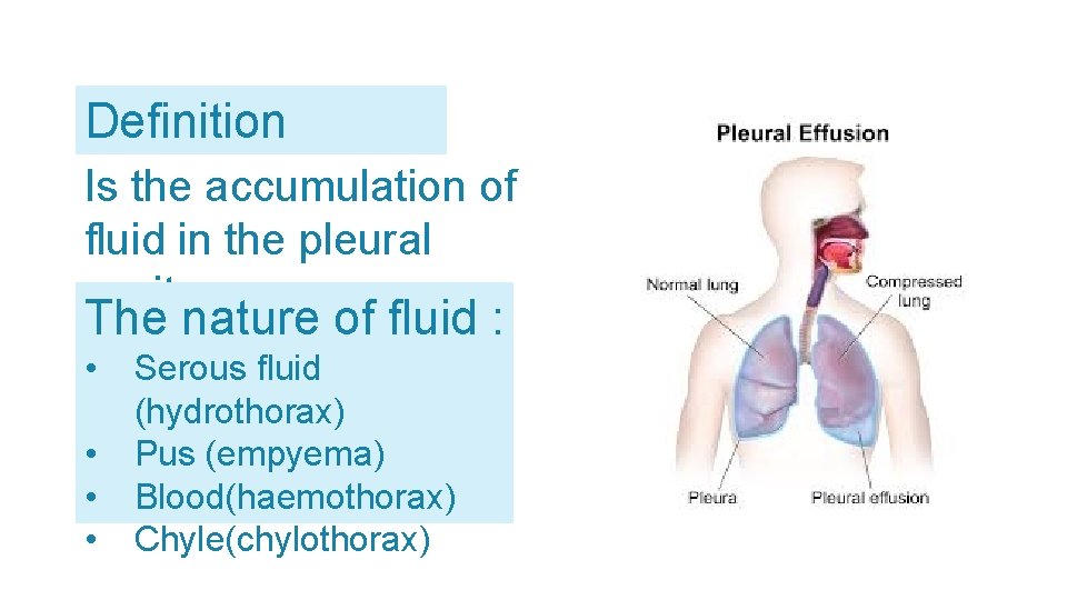 Definition Is the accumulation of fluid in the pleural cavity The nature of fluid