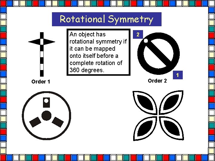 Rotational Symmetry An object has rotational symmetry if it can be mapped onto itself Rotational Symmetry An object has rotational symmetry if it can be mapped onto itself