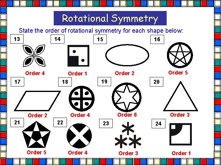 Rotational Symmetry State the order of rotational symmetry for each shape below: 13 14 Rotational Symmetry State the order of rotational symmetry for each shape below: 13 14