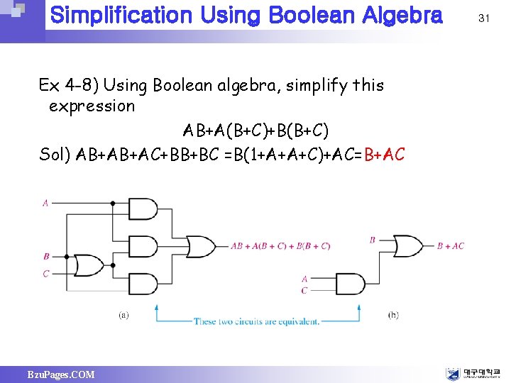 Simplification Using Boolean Algebra Ex 4 -8) Using Boolean algebra, simplify this expression AB+A(B+C)+B(B+C)