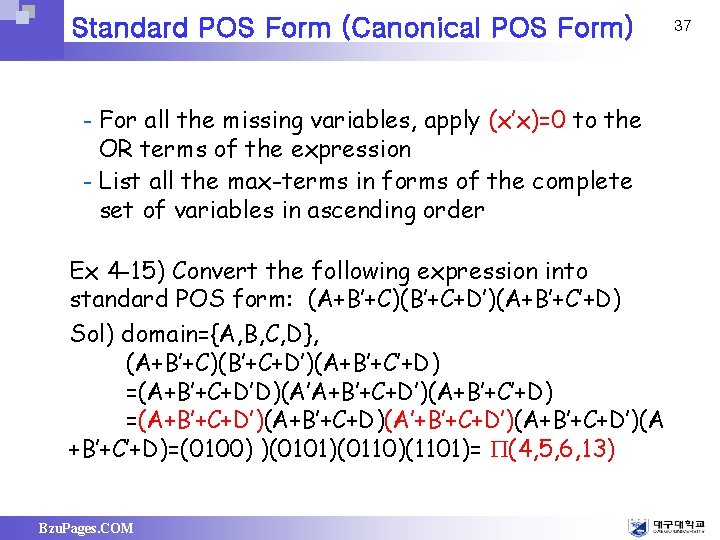 Standard POS Form (Canonical POS Form) For all the missing variables, apply (x’x)=0 to