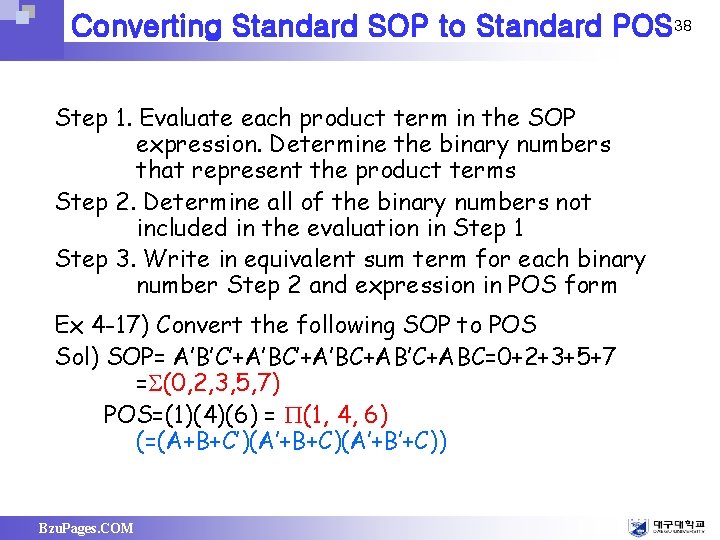 Converting Standard SOP to Standard POS 38 Step 1. Evaluate each product term in