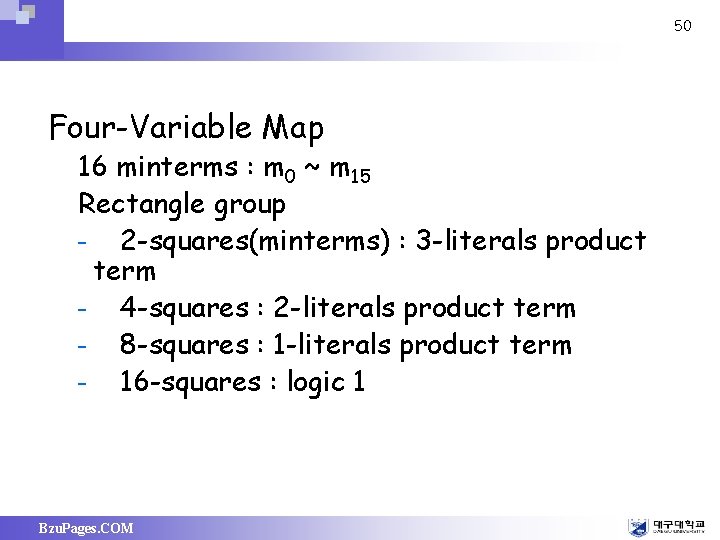 50 Four-Variable Map 16 minterms : m 0 ~ m 15 Rectangle group –