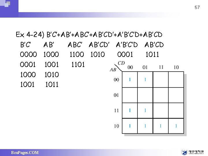 57 Ex 4 -24) B’C’+ABC’+AB’CD’+A’B’C’D+AB’CD B’C’ ABC’ AB’CD’ A’B’C’D AB’CD 0000 1100 1010 0001