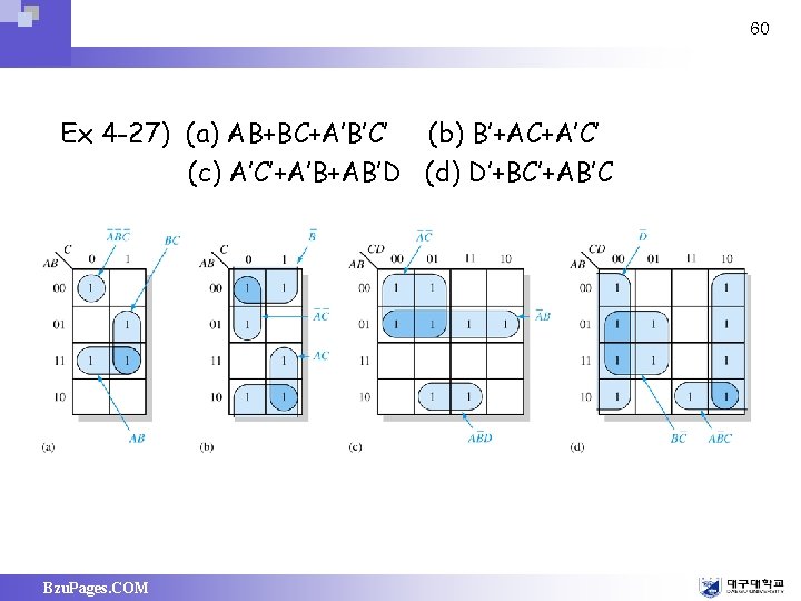 60 Ex 4 -27) (a) AB+BC+A’B’C’ (b) B’+AC+A’C’ (c) A’C’+A’B+AB’D (d) D’+BC’+AB’C Bzu. Pages.