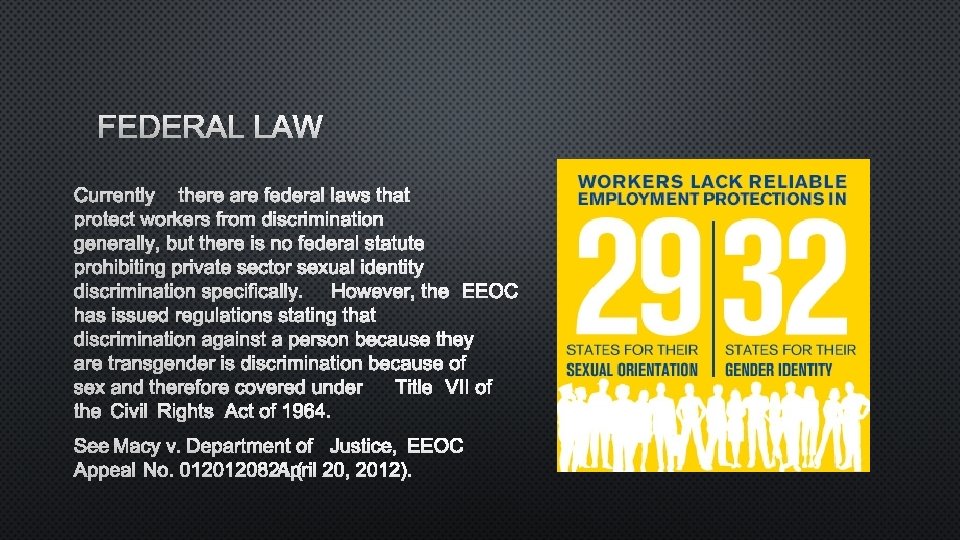 FEDERAL LAW CURRENTLY THERE ARE FEDERAL LAWS THAT PROTECT WORKERS FROM DISCRIMINATION GENERALLY, BUT