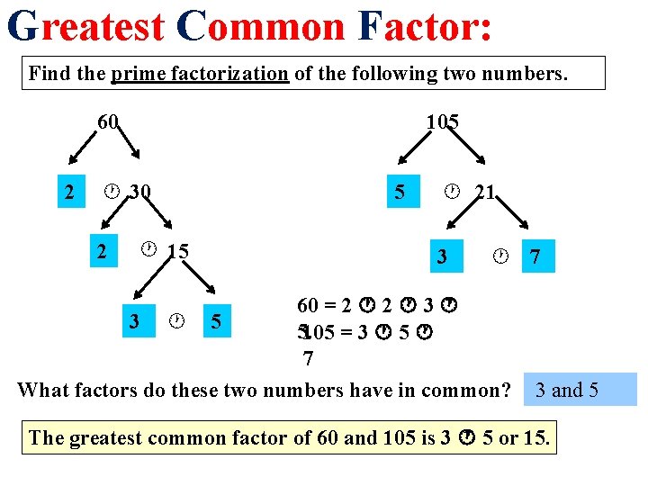 Greatest Common Factor: Find the prime factorization of the following two numbers. 60 2