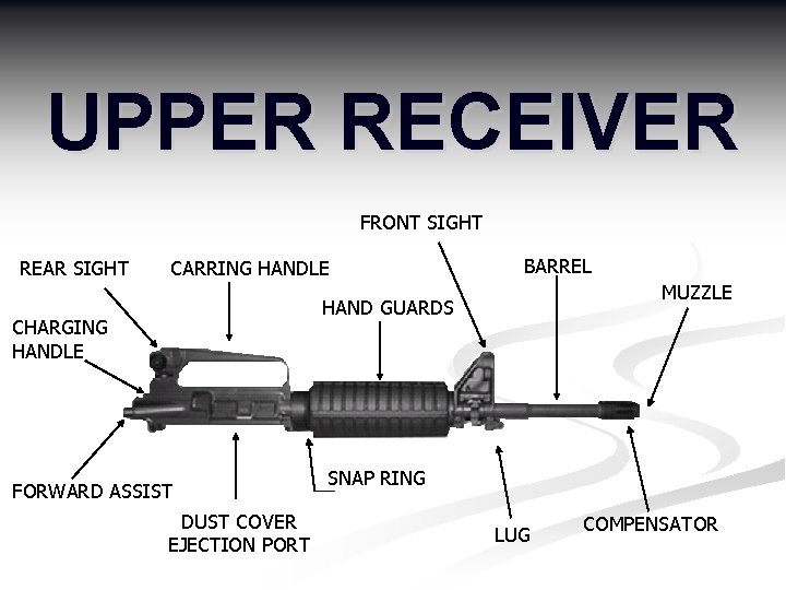 UPPER RECEIVER FRONT SIGHT REAR SIGHT CARRING HANDLE BARREL MUZZLE HAND GUARDS CHARGING HANDLE