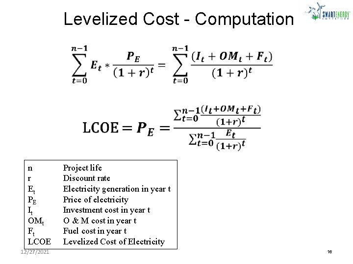 Levelized Cost - Computation n r Et PE It OMt Ft LCOE 12/27/2021 Project