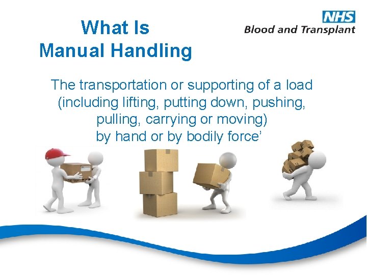 What Is Manual Handling The transportation or supporting of a load (including lifting, putting