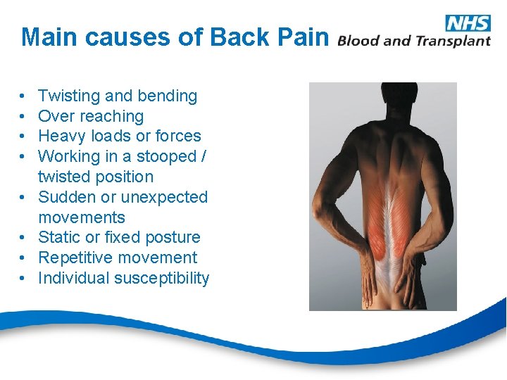 Main causes of Back Pain • • Twisting and bending Over reaching Heavy loads