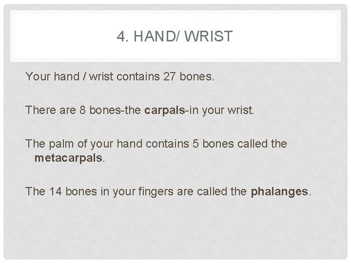 4. HAND/ WRIST Your hand / wrist contains 27 bones. There are 8 bones-the