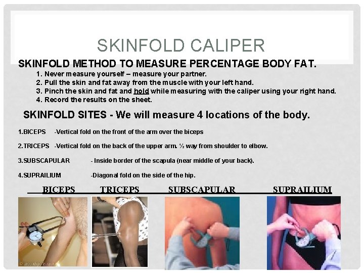 SKINFOLD CALIPER SKINFOLD METHOD TO MEASURE PERCENTAGE BODY FAT. 1. Never measure yourself –
