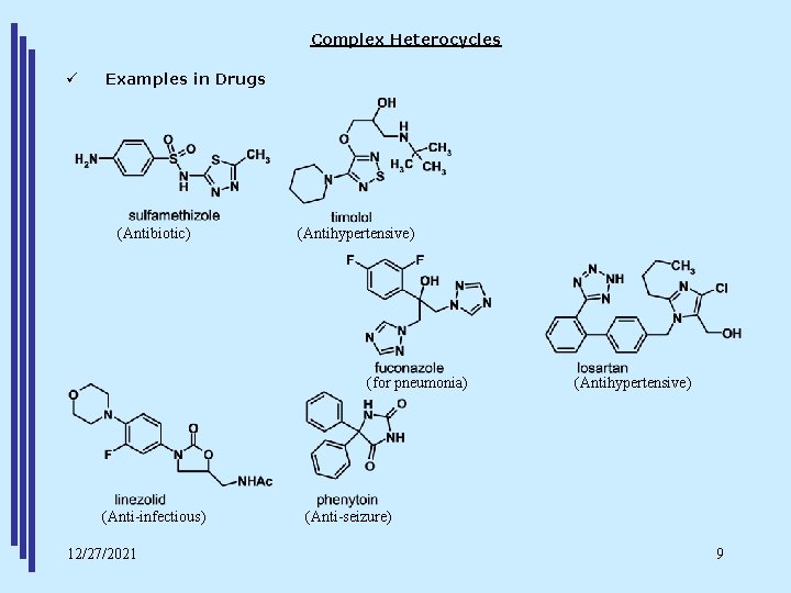 Complex Heterocycles ü Examples in Drugs (Antibiotic) (Antihypertensive) (for pneumonia) (Anti-infectious) 12/27/2021 (Antihypertensive) (Anti-seizure)