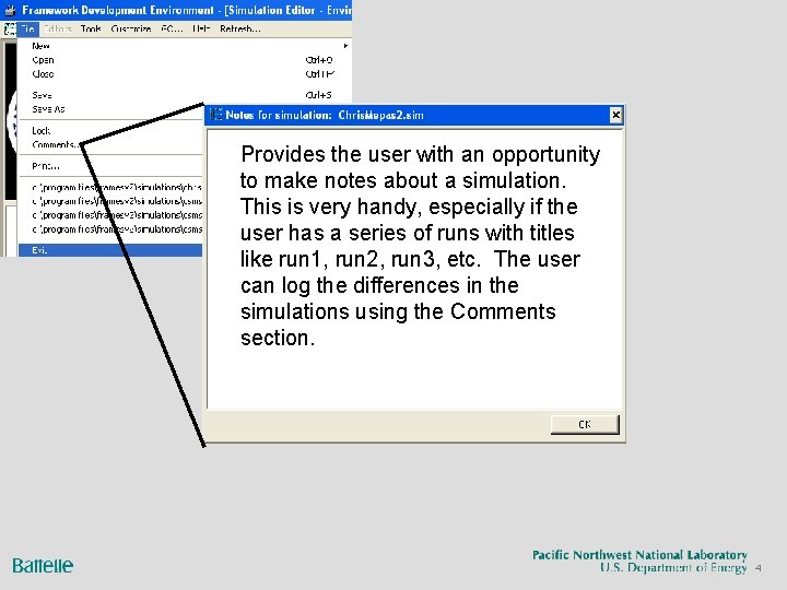 Provides the user with an opportunity to make notes about a simulation. This is