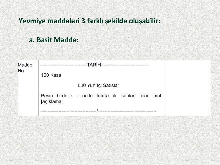 Yevmiye maddeleri 3 farklı şekilde oluşabilir: a. Basit Madde: 