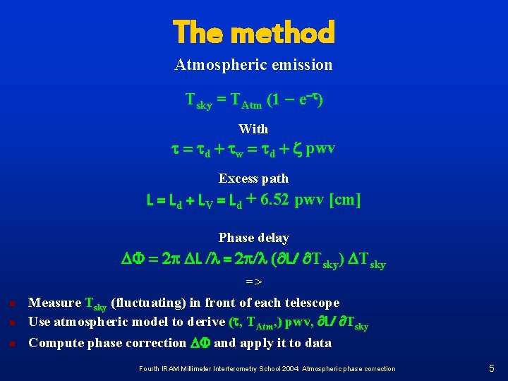 The method Atmospheric emission Tsky = TAtm (1 - e-t) With t = td