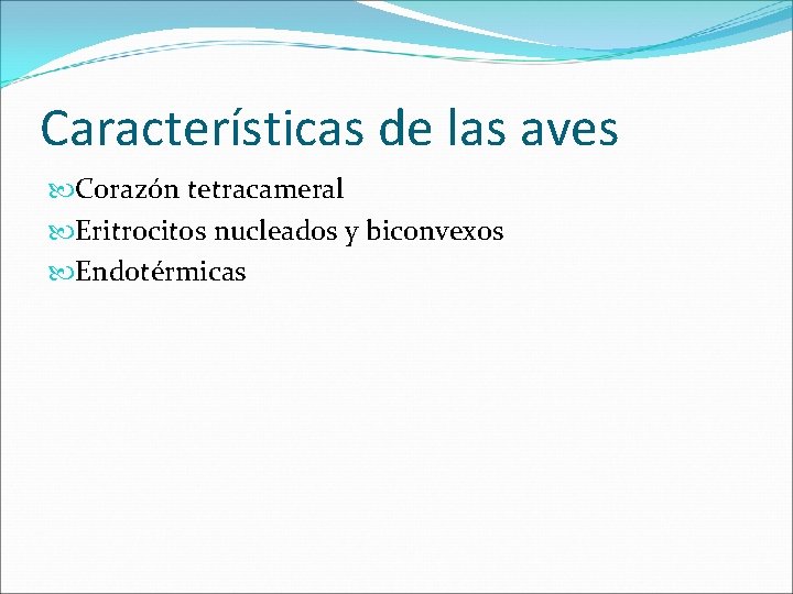 Características de las aves Corazón tetracameral Eritrocitos nucleados y biconvexos Endotérmicas 