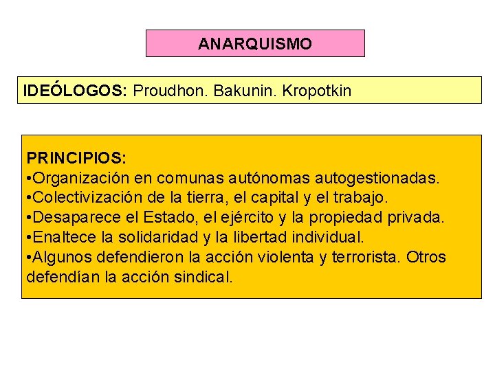 ANARQUISMO IDEÓLOGOS: Proudhon. Bakunin. Kropotkin PRINCIPIOS: • Organización en comunas autónomas autogestionadas. • Colectivización