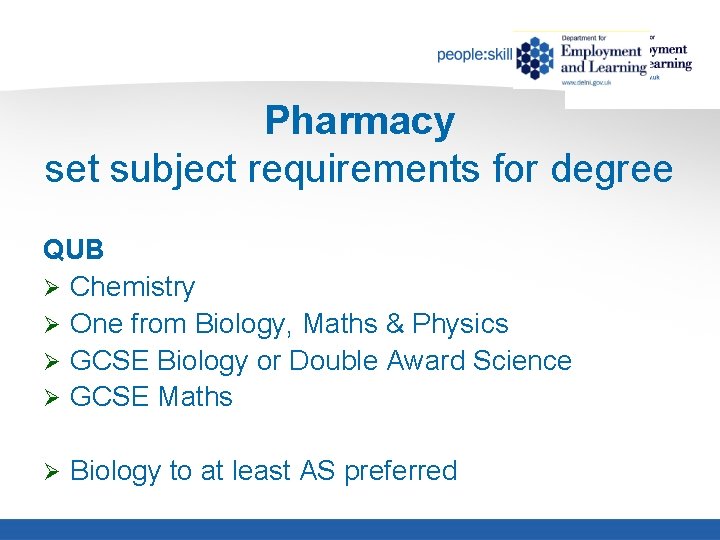 Pharmacy set subject requirements for degree QUB Ø Chemistry Ø One from Biology, Maths