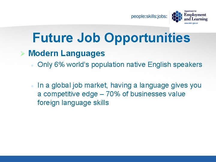 Future Job Opportunities Ø Modern Languages l l Only 6% world’s population native English