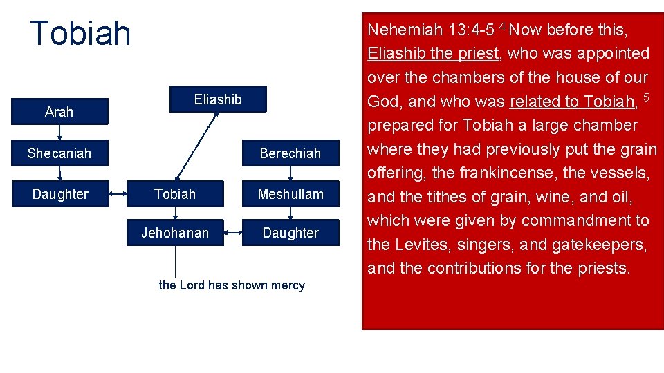 Tobiah Arah Eliashib Shecaniah Daughter Berechiah Tobiah Meshullam Jehohanan Daughter the Lord has shown Tobiah Arah Eliashib Shecaniah Daughter Berechiah Tobiah Meshullam Jehohanan Daughter the Lord has shown