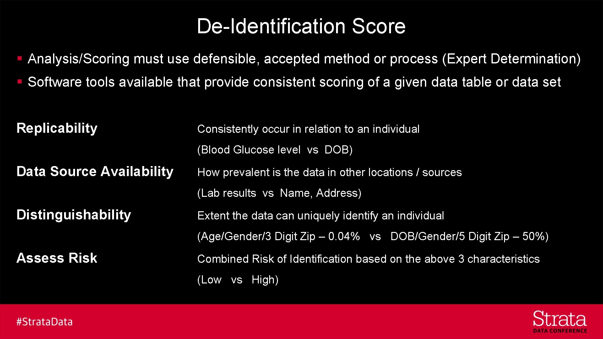 De-Identification Score § Analysis/Scoring must use defensible, accepted method or process (Expert Determination) §