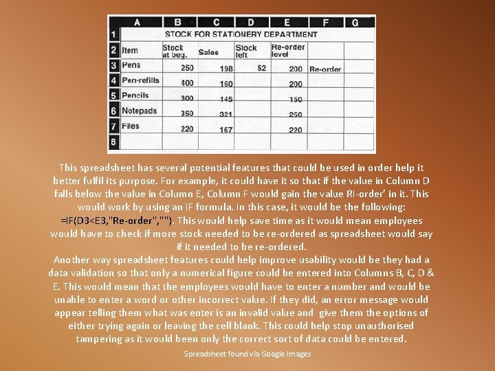 This spreadsheet has several potential features that could be used in order help it