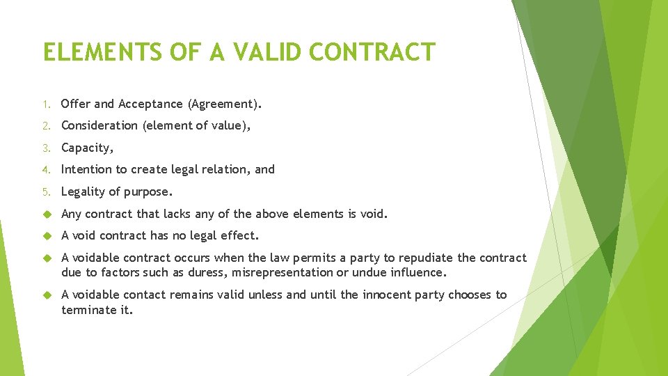 ELEMENTS OF A VALID CONTRACT 1. Offer and Acceptance (Agreement). 2. Consideration (element of