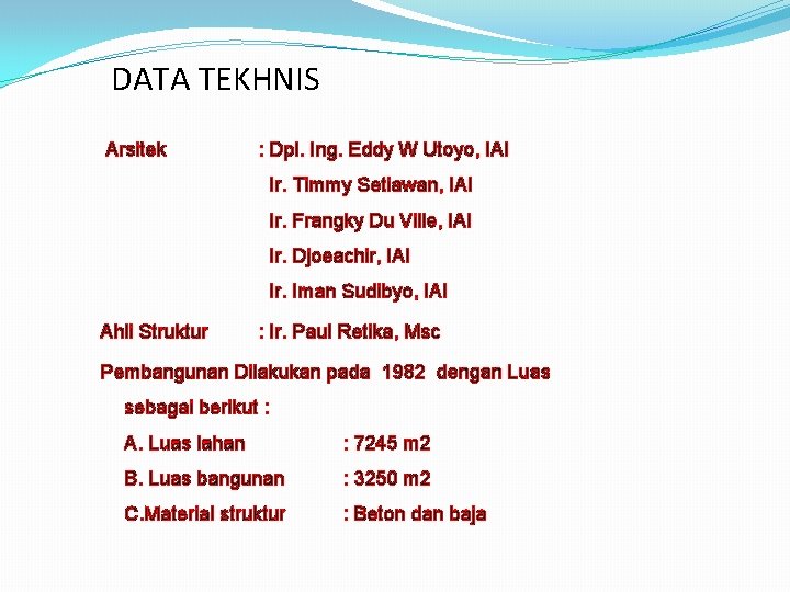 DATA TEKHNIS Arsitek : Dpl. Ing. Eddy W Utoyo, IAI Ir. Timmy Setiawan, IAI