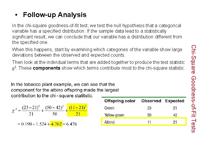  • Follow-up Analysis In the chi-square goodness-of-fit test, we test the null hypothesis