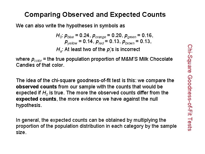 Comparing Observed and Expected Counts We can also write the hypotheses in symbols as