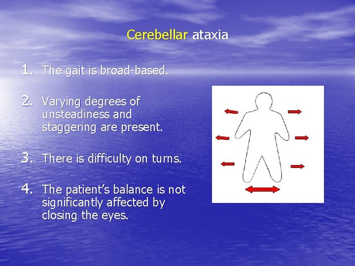 Cerebellar ataxia 1. The gait is broad-based. 2. Varying degrees of unsteadiness and staggering