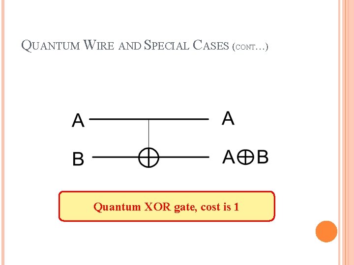 QUANTUM WIRE AND SPECIAL CASES (CONT…) Quantum XOR gate, cost is 1 