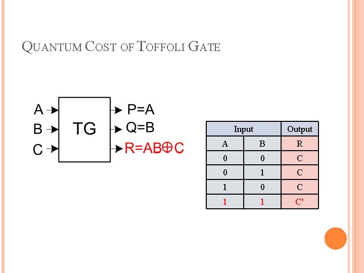 QUANTUM COST OF TOFFOLI GATE Input Output A B R 0 0 C 0