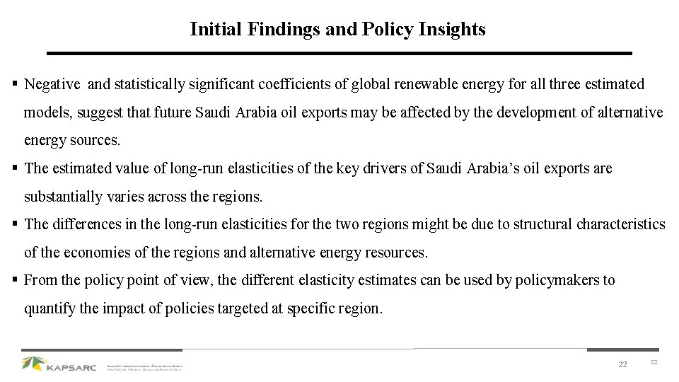 Initial Findings and Policy Insights § Negative and statistically significant coefficients of global renewable