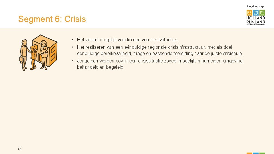 Segment 6: Crisis • Het zoveel mogelijk voorkomen van crisissituaties. • Het realiseren van
