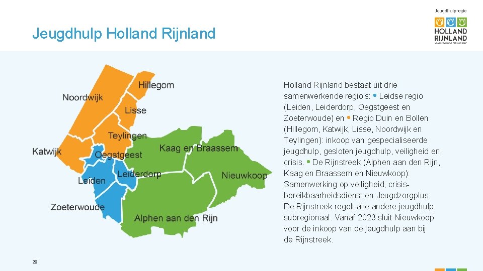Jeugdhulp Holland Rijnland bestaat uit drie samenwerkende regio’s: • Leidse regio (Leiden, Leiderdorp, Oegstgeest