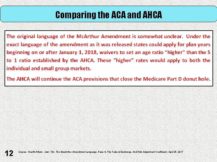 Comparing the ACA and AHCA 12 Source: Health Affairs: Jost, Tim, The Mac. Arthur