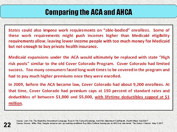 Comparing the ACA and AHCA 22 Source: Jost, Tim, The Mac. Arthur Amendment Language,