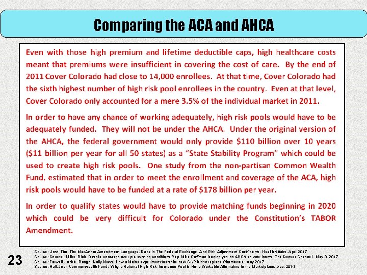 Comparing the ACA and AHCA 23 Source: Jost, Tim, The Mac. Arthur Amendment Language,