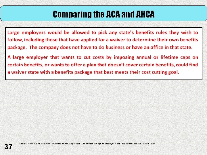 Comparing the ACA and AHCA 37 Source: Armour and Hackman, GOP Health Bill Jeopardizes