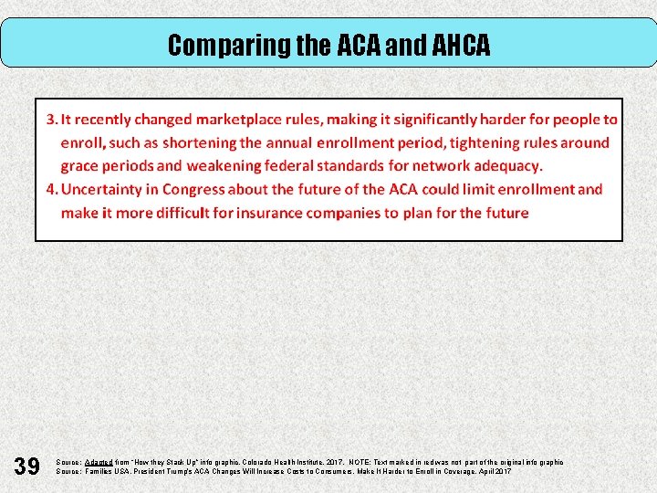 Comparing the ACA and AHCA 39 Source: Adapted from “How they Stack Up” info