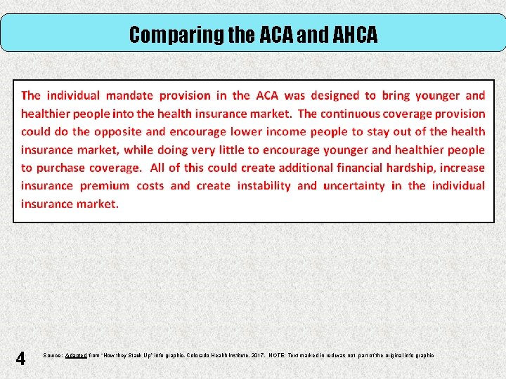 Comparing the ACA and AHCA 4 Source: Adapted from “How they Stack Up” info